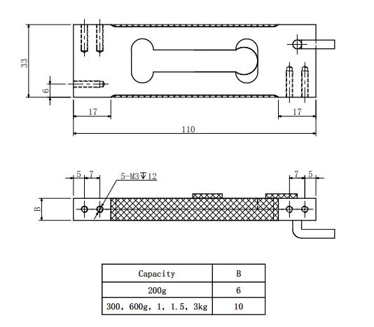 Capacidade 0,3 ~ 5 kg Sensor de feixe paralelo Celular de carga de ponto único de liga de alumínio 3